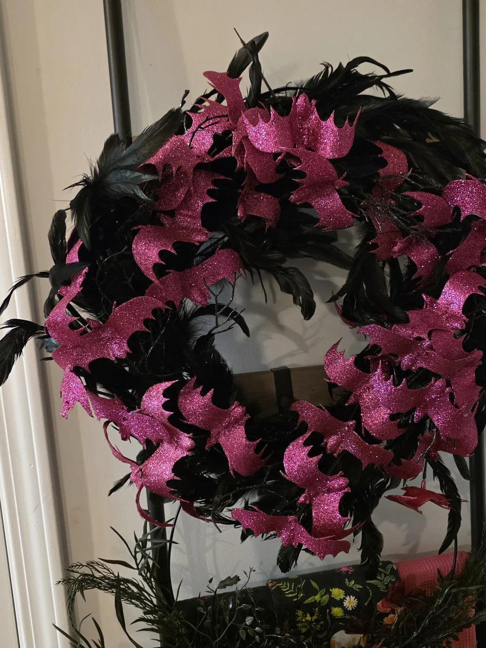 Pink and Black Feather Bat Wreath - Women Accessories
